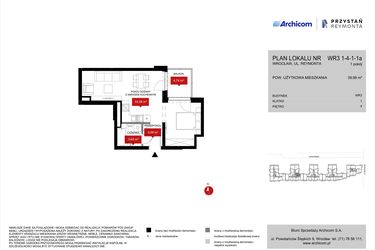 Rzut - Mieszkanie na sprzedaż 1 pokój o powierzchni 39,99 m² - numer WR3 1/4/1/1a w Przystań Reymonta etap II