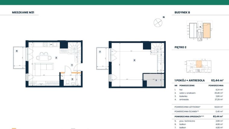 Rzut - Mieszkanie na sprzedaż 3 pokoje o powierzchni 63,08 m² - numer M31 w Reneta