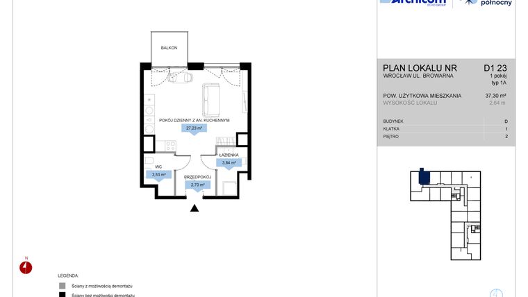 Rzut - Mieszkanie na sprzedaż 1 pokój o powierzchni 37,2 m² - numer D1.23 w Bulwar Północny