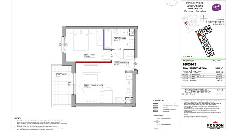Rzut - Mieszkanie na sprzedaż 2 pokoje o powierzchni 36,84 m² - numer 15_C049 w Miasto Moje 8