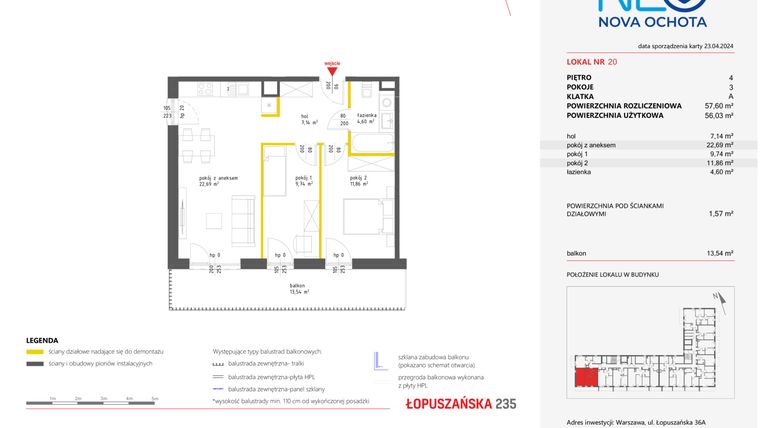 Rzut - Mieszkanie na sprzedaż 3 pokoje o powierzchni 57,6 m² - numer 20 w Neo Nova Ochota