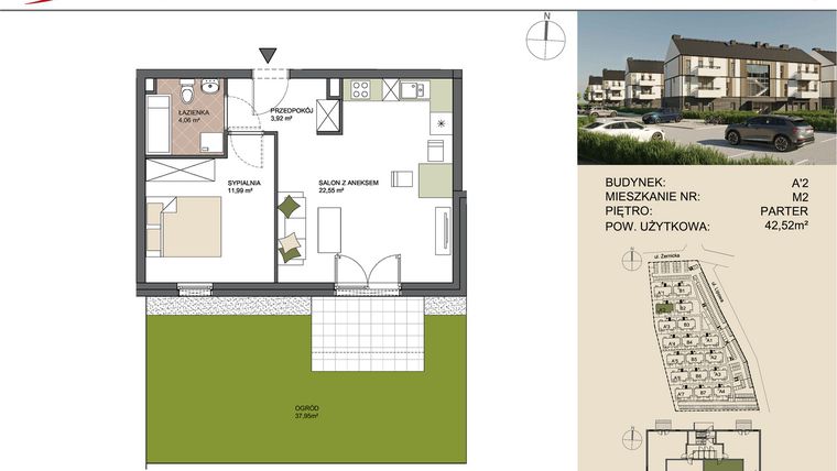 Rzut - Mieszkanie na sprzedaż 2 pokoje o powierzchni 42,52 m² - numer A'2/2 w Osiedle Przy Lipowej