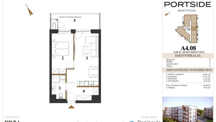 Rzut - Mieszkanie na sprzedaż 2 pokoje o powierzchni 39,48 m² - numer A4.08 w Portside Bałtycka