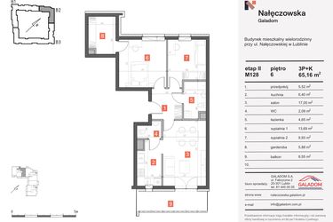 Rzut - Mieszkanie na sprzedaż 3 pokoje o powierzchni 65,16 m² - numer M-128 w Nałęczowska etap II
