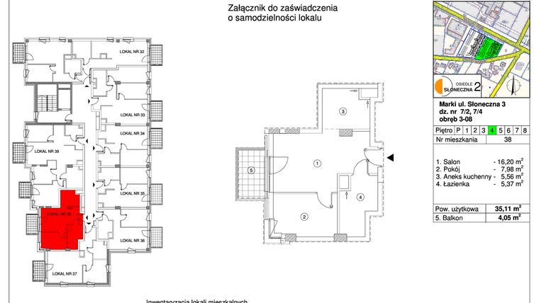 Rzut - Mieszkanie na sprzedaż 2 pokoje o powierzchni 35,11 m² - numer 38 w Osiedle Słoneczna etap 2