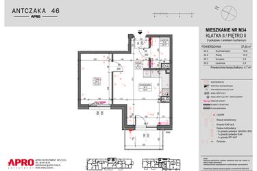 Rzut - Mieszkanie na sprzedaż 2 pokoje o powierzchni 37,6 m² - numer 34 w Antczaka 46