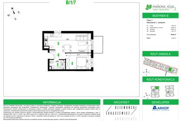 Rzut - Mieszkanie na sprzedaż 2 pokoje o powierzchni 40,68 m² - numer B/1/7 w Osiedle Parkowe Aleje etap III