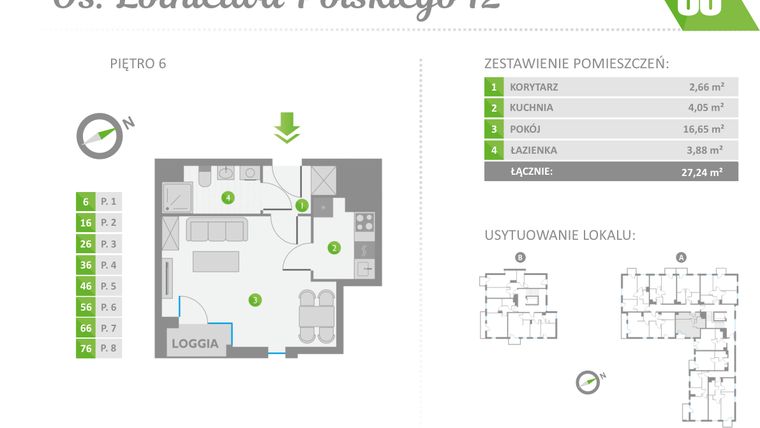 Rzut - Mieszkanie na sprzedaż 1 pokój o powierzchni 27,24 m² - numer 56 w Os. Lotnictwa Polskiego 12