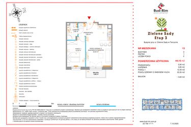 Rzut - Mieszkanie na sprzedaż 2 pokoje o powierzchni 44,15 m² - numer 13 w Zielone Sady etap III