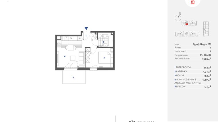 Rzut - Mieszkanie na sprzedaż 2 pokoje o powierzchni 33,79 m² - numer A1.101.M02 w Mieszkaj w mieście - Ogrody Glogera