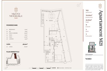 Rzut - Mieszkanie na sprzedaż 3 pokoje o powierzchni 58,9 m² - numer B.21 w Młyny Mogilska