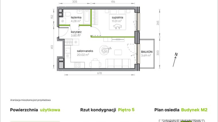 Rzut - Mieszkanie na sprzedaż 2 pokoje o powierzchni 39,16 m² - numer M2/1/5/52 w Przy Parku Vita