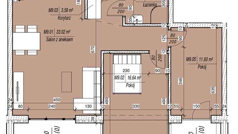 Rzut - Mieszkanie na sprzedaż 3 pokoje o powierzchni 88,99 m² - numer M9 w Kossaka