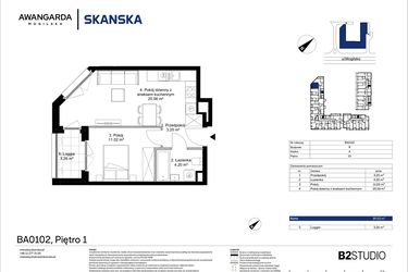 Rzut - Mieszkanie na sprzedaż 2 pokoje o powierzchni 39,03 m² - numer 1BA0102 w Awangarda Mogilska
