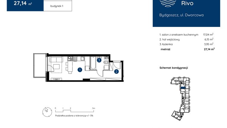 Rzut - Mieszkanie na sprzedaż 1 pokój o powierzchni 27,14 m² - numer 1.C.3.08 w Murapol Rivo