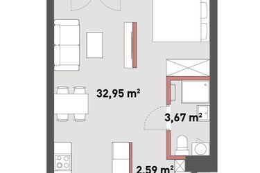 Rzut - Mieszkanie na sprzedaż 1 pokój o powierzchni 39,21 m² - numer A.06.14 w Żelazna 54
