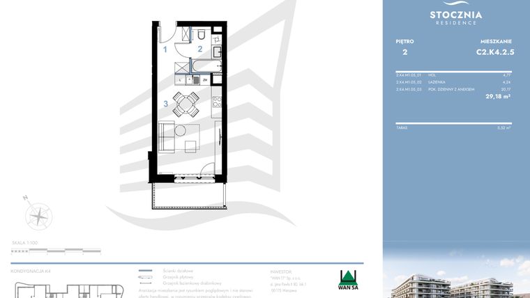 Rzut - Mieszkanie na sprzedaż 1 pokój o powierzchni 29,18 m² - numer C2.K4.2.5 w Stocznia Residence