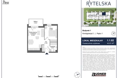 Rzut - Mieszkanie na sprzedaż 2 pokoje o powierzchni 43,57 m² - numer 1.1.02 w Rytelska
