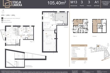 Rzut - Mieszkanie na sprzedaż 3 pokoje o powierzchni 105,4 m² - numer A1_M13 w Stacja Ligocka