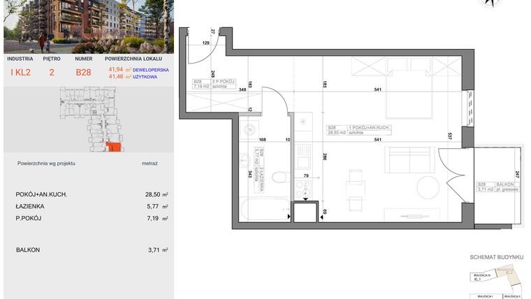 Rzut - Mieszkanie na sprzedaż 1 pokój o powierzchni 41,46 m² - numer I-B28 w Industria etap I-B
