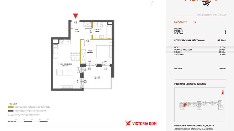 Rzut - Mieszkanie na sprzedaż 2 pokoje o powierzchni 43,67 m² - numer 10 w Metro Art 13