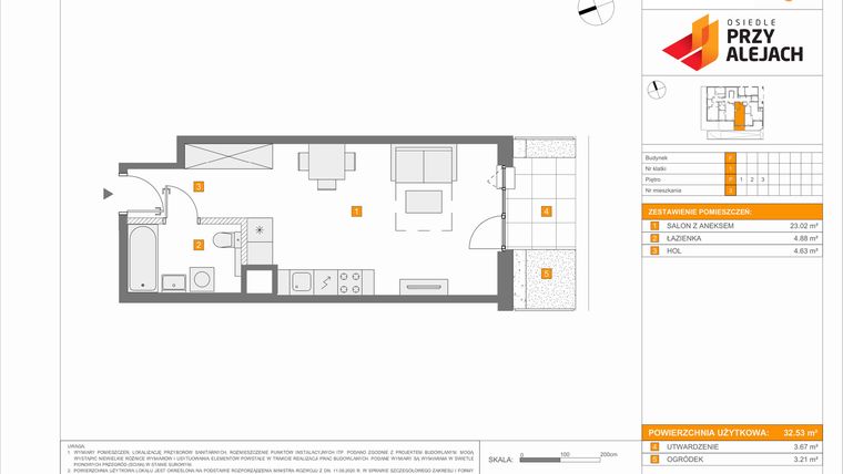 Rzut - Mieszkanie na sprzedaż 1 pokój o powierzchni 32,53 m² - numer F.3 w Osiedle Przy Alejach etap 4