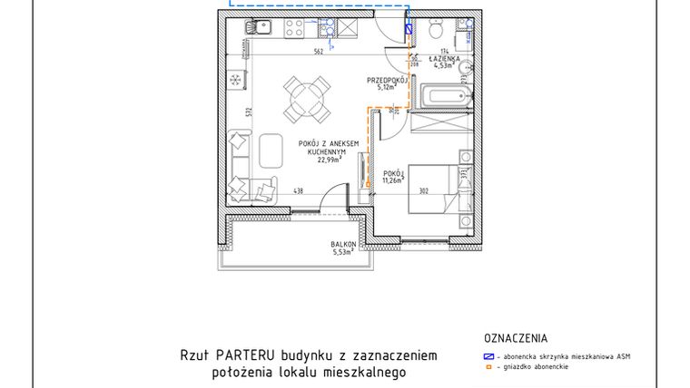 Rzut - Mieszkanie na sprzedaż 2 pokoje o powierzchni 43,9 m² - numer 1 w Osiedle Foresto