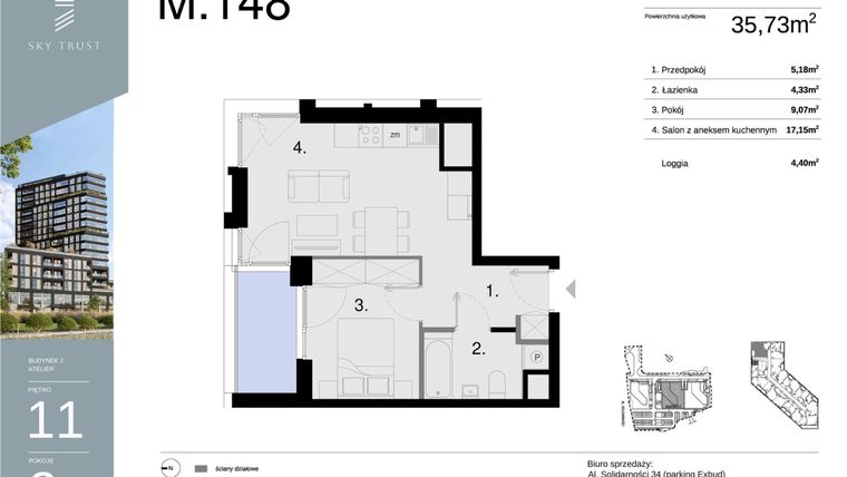 Rzut - Mieszkanie na sprzedaż 2 pokoje o powierzchni 35,73 m² - numer M148 w Sky Trust etap II