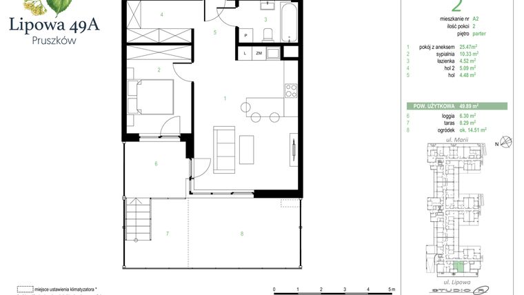 Rzut - Mieszkanie na sprzedaż 2 pokoje o powierzchni 49,89 m² - numer 2A w Lipowa 49A