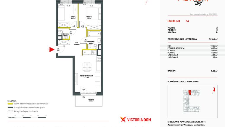 Rzut - Mieszkanie na sprzedaż 3 pokoje o powierzchni 52,66 m² - numer 34 w Metro Art 11