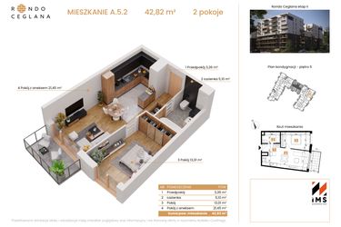 Rzut - Mieszkanie na sprzedaż 2 pokoje o powierzchni 42,82 m² - numer A.5.2 w Rondo Ceglana etap II
