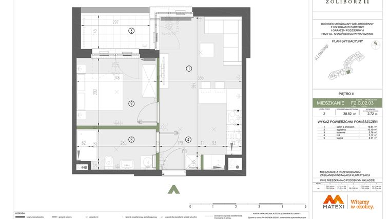 Rzut - Mieszkanie na sprzedaż 2 pokoje o powierzchni 38,82 m² - numer F2.C.02.03 w Sady Żoliborz II