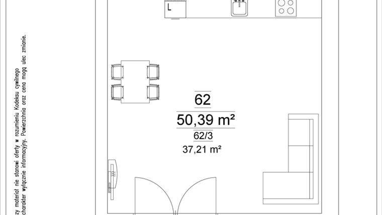 Rzut - Mieszkanie na sprzedaż 1 pokój o powierzchni 50,39 m² - numer 62 w Osiedle Teatralne 19