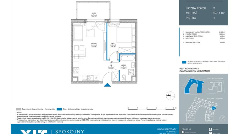 Rzut - Mieszkanie na sprzedaż 2 pokoje o powierzchni 40,11 m² - numer FB0109 w Spokojny Mokotów etap II