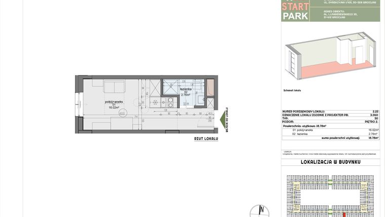 Rzut - Mieszkanie na sprzedaż 1 pokój o powierzchni 18,78 m² - numer 2.22 w START PARK