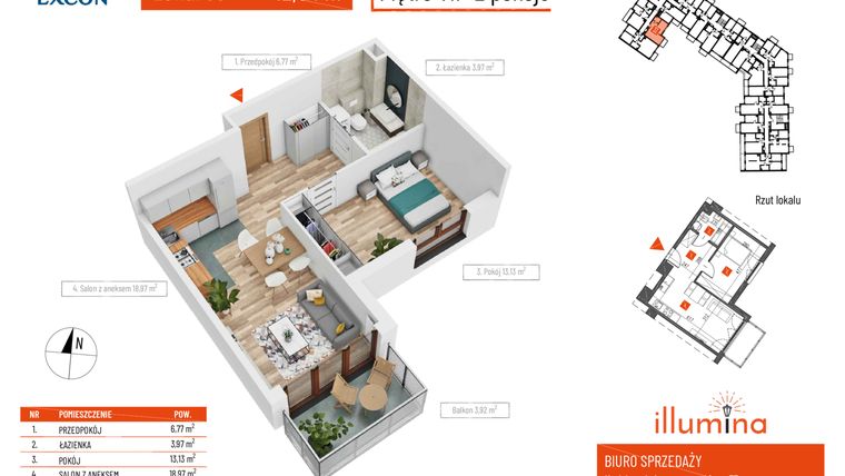 Rzut - Mieszkanie na sprzedaż 2 pokoje o powierzchni 42,84 m² - numer M033 w Illumina