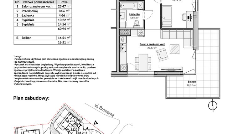 Rzut - Mieszkanie na sprzedaż 3 pokoje o powierzchni 60,94 m² - numer M2.9 w Bulwary Apartamenty