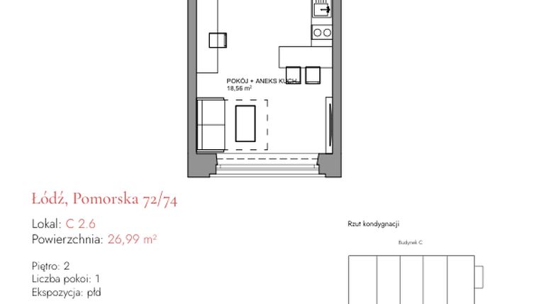 Rzut - Mieszkanie na sprzedaż 1 pokój o powierzchni 33,31 m² - numer C 2.6 w Melody Loft