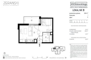 Rzut - Mieszkanie na sprzedaż 1 pokój o powierzchni 28,85 m² - numer A31 w Wróblewskiego