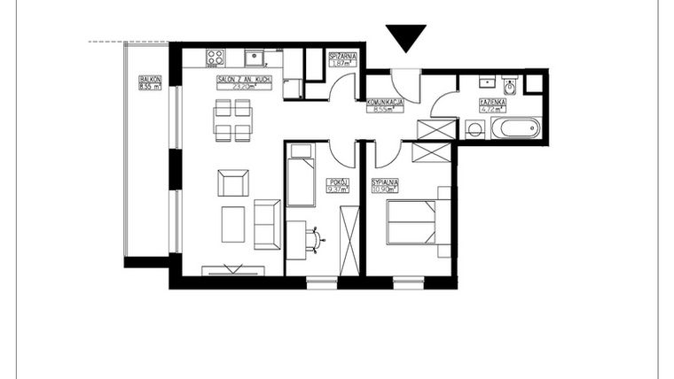 Rzut - Mieszkanie na sprzedaż 3 pokoje o powierzchni 59,2 m² - numer B1.14 w Stacja Augustów B