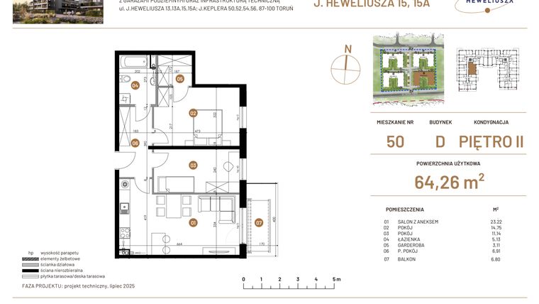 Rzut - Mieszkanie na sprzedaż 3 pokoje o powierzchni 64,26 m² - numer JAR-IV-D-LM-M50 w Osiedle JAR Heweliusza etap IV