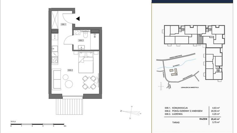 Rzut - Mieszkanie na sprzedaż 1 pokój o powierzchni 29,43 m² - numer A.008 w Nowa Młynówka