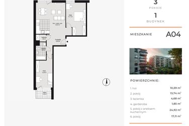 Rzut - Mieszkanie na sprzedaż 3 pokoje o powierzchni 73,52 m² - numer A04 w Na Koszutce