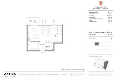 Rzut - Mieszkanie na sprzedaż 2 pokoje o powierzchni 43,28 m² - numer B2.31 w Kamienice Pruszczańskie