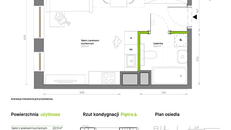Rzut - Mieszkanie na sprzedaż 1 pokój o powierzchni 26,8 m² - numer A.6.4 w Żywiecka Vita