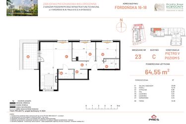 Rzut - Mieszkanie na sprzedaż 3 pokoje o powierzchni 64,55 m² - numer 16.23 w Osiedle Nowe Horyzonty etap II