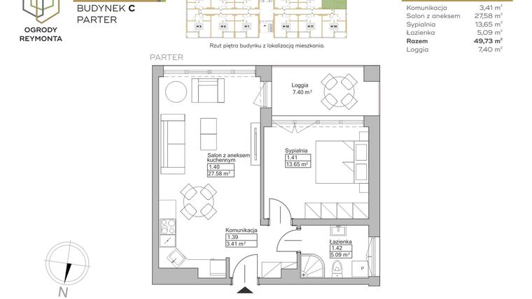 Rzut - Mieszkanie na sprzedaż 2 pokoje o powierzchni 49,73 m² - numer M9 w Ogrody Reymonta