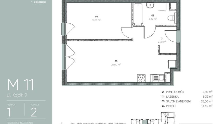 Rzut - Mieszkanie na sprzedaż 2 pokoje o powierzchni 47,84 m² - numer M.11 w Ja\nas
