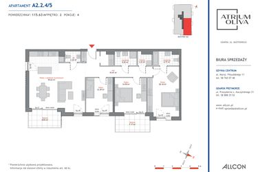 Rzut - Mieszkanie na sprzedaż 4 pokoje o powierzchni 115,63 m² - numer A2.2.4/5 w Atrium Oliva