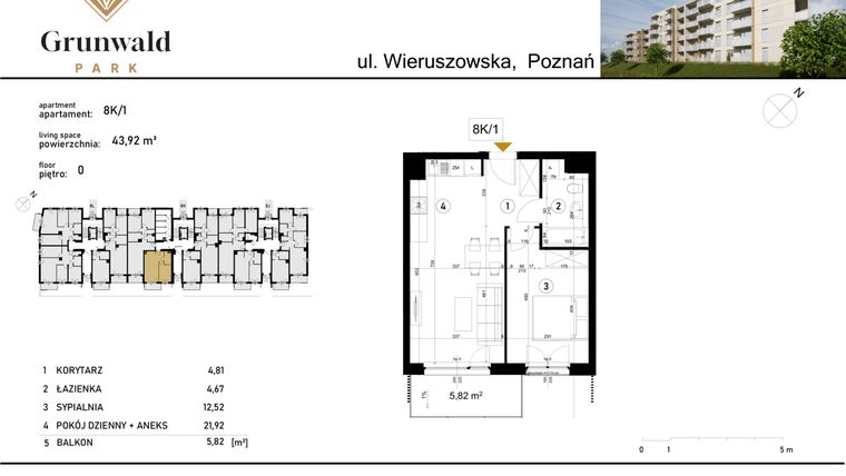 Rzut - Mieszkanie na sprzedaż 2 pokoje o powierzchni 43,92 m² - numer 8 K/1 w Grunwald Park